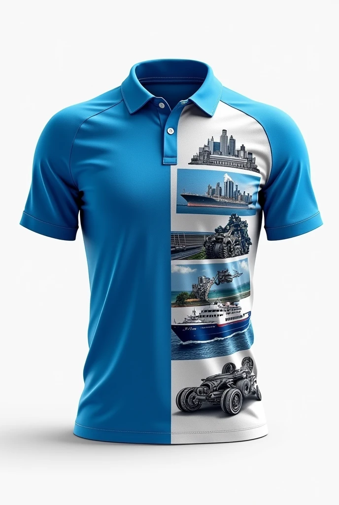 A blue and white collared sports jersey with small images: 1 gear, 1 building, 1 robot, 2 maritime transport, 1 rubber processing, located on the right.