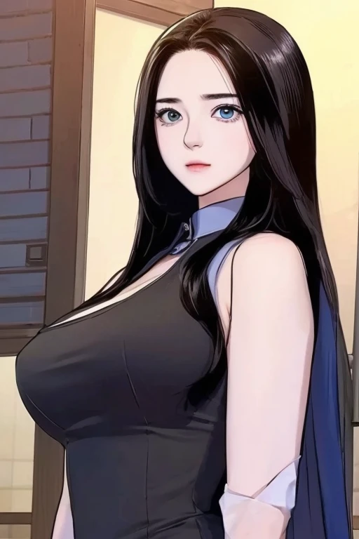 Best quality at best,,Reslisticstyle, (girl 15 years old), Colossal tits:1.5, shin yuna, black hair, (Long Straight hair), eyelids, blue eyes, Cute Face, (Sexy Slit Dress), sexy body