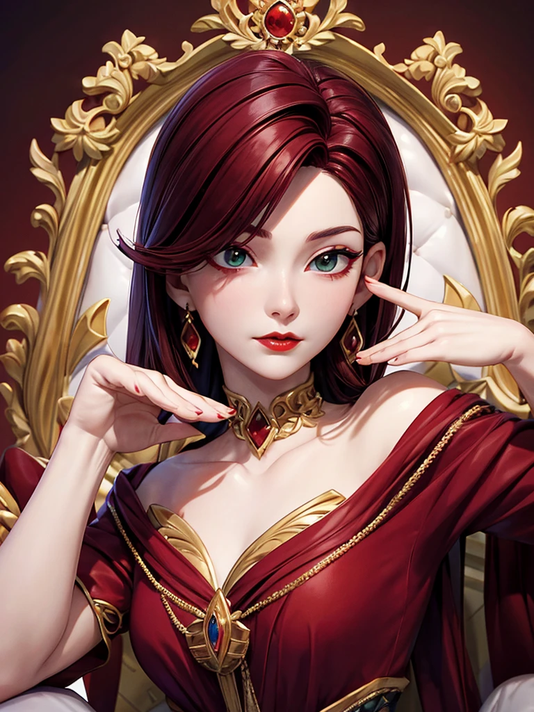 Portrait, lady, queen, red dark hair , chongo alto, pale skin, green eyee, small eyes, small nose, red lips, perfect ratio face, vamoire eaes, elegant and cute, Beauty, elegant pose, wine dress with golden