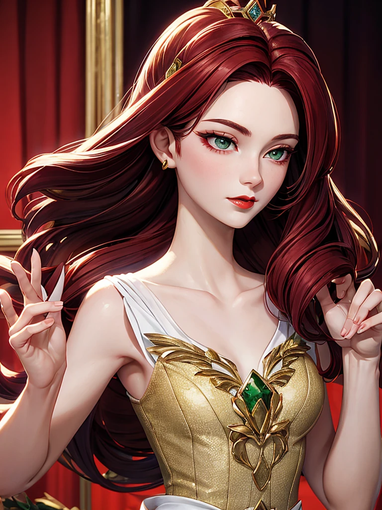 Portrait, lady, queen, red dark hair , chongo alto, pale skin, green eyee, small eyes, small nose, red lips, perfect ratio face, vamoire eaes, elegant and cute, Beauty, elegant pose, wine dress with golden