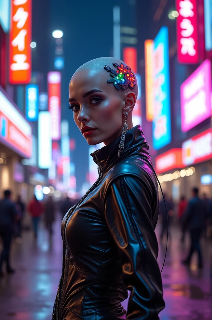 Create a bald character with bridge ears, long and wearing cyberpunk clothing, who has expansions in their ears. Give them a title called Terra Five.
