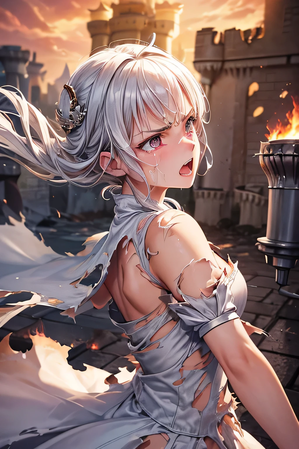 master piece,best quality,ultra-detailed,1girl,fighting princess,(white princess dress:1.2),(torn clothing:1.6),(glaring:1.4),(cry:1.4),open mouth,(burning castle:1.6),from side,upper body,nsfw