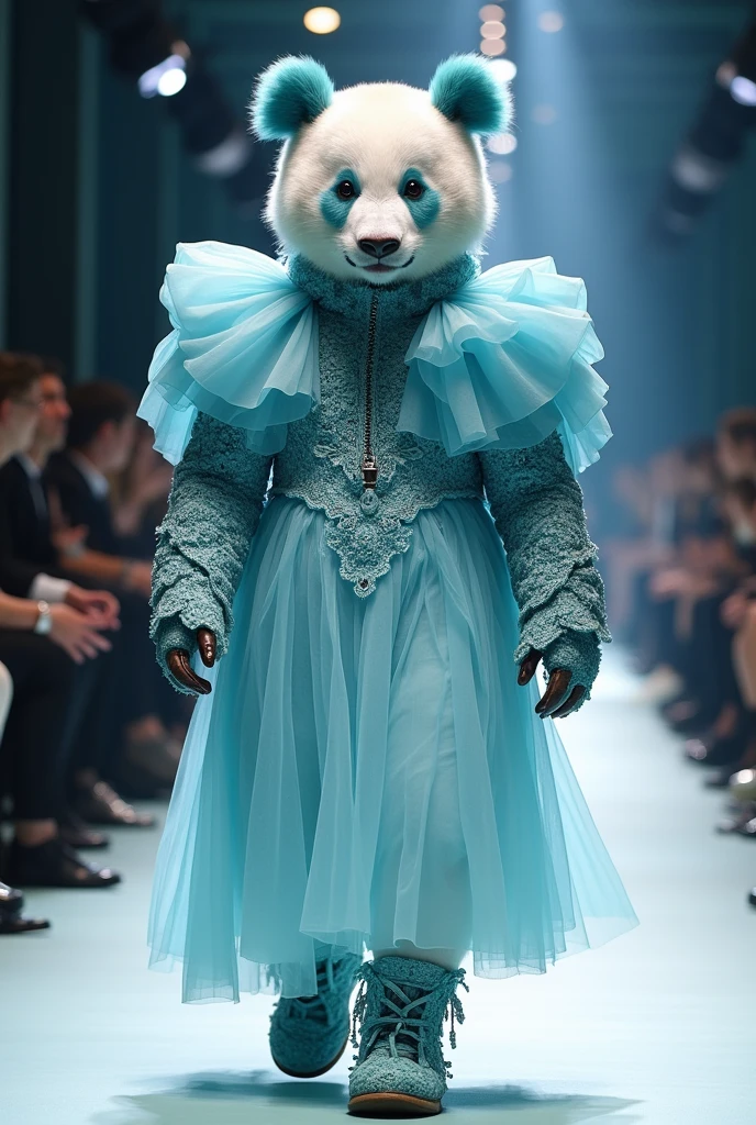 Panda Variety:	Couture Panda	,Outfit Description:	Wearing an avant-garde Alexander McQueen dress with exaggerated shoulders and intricate detailing.	,Style Theme:	High Fashion, Artistic	,Brand Inspiration:	Alexander McQueen	"high-end design style， Paris Fashion Show，Macaron light blue series，Perfect color matching，high-end feel,Long Shot，Full body，Dynamic capture of runway shows，16K --chaos 40 --ar 16:9 --stylize 750
16K chaos, dynamic capture, Fashion runway, high-end design style, macaron light blue series, Paris Fashion Show, v 6 "
