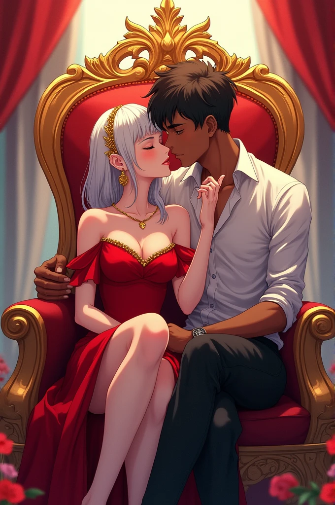 An anime cover. A white-skinned girl in a short red dress sitting on a Queen's throne with a crown, a very pretty girl, and on the same throne, a darker-skinned guy taller than both of them sitting on the furniture, the guy kissing the girl's hand in anime, kissing the girl's hand, he's wearing a white shirt and black pants, the guy is sitting with her. 
