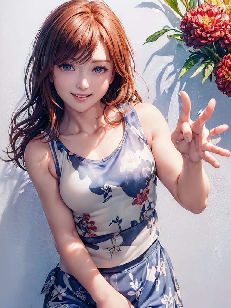 (((Cowboy Shot、Women's Solo Shot、Oil、Pure white wall background、masterpiece、Highest quality、High resolution)))、Redhead、Bob Hair、(((Wearing a blue tank top)))、(((Botanical print tank top)))、Fashionable hairstyles、Pure white wall background、Red cheeks、((No Shadow、Frame In))、Cute Face、((Small breasts))、((smile))、((Cute expression))、(((Waving hands)))