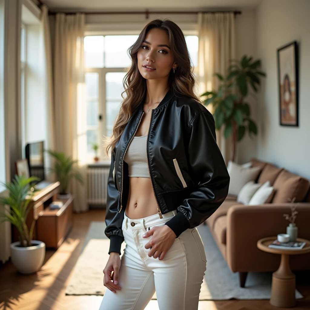 wide depth of field, wide depth of focus, f/11 lens setting, all objects in focus, living room background, full body image,, fragments, soft feminine black and white short cropped satin bomber jacket, woman posing with a pistol ,,almost perfect, pure form, intricate details, 8K post-production, high resolution, super detailed, Popular topics on Artstation,, Studio photos, intricate details, Very detailed,