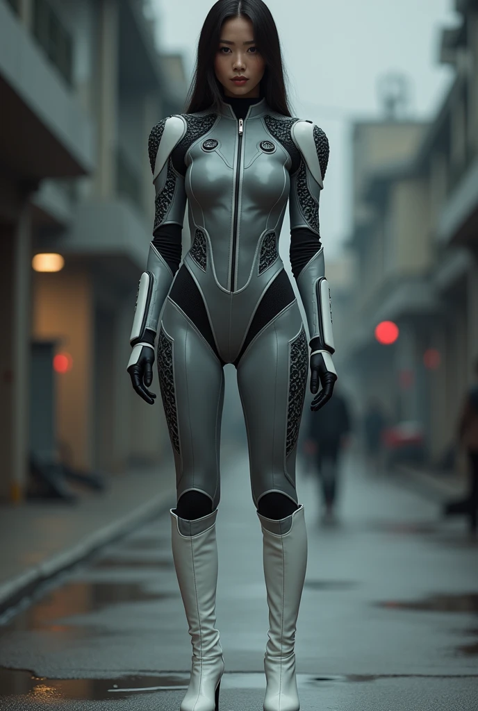 A beautiful Japanese girl wearing a gray suit, Wearing a tight suit, A beautiful Japanese woman wearing a futuristic gray suit, 滑らかなgreyタイトな服のスーツ, greyレオタードを着て, White stitching、Star Wars Imperial Agent, Female Stormtrooper, Full Body Shot, full body, The tight-fitting suit, grey、Black pattern、(The waist design is black leather)、Black Belt、Black full harness:1.5、Long legs、White boots、The suit has large white detailed zippers.、Get angry、