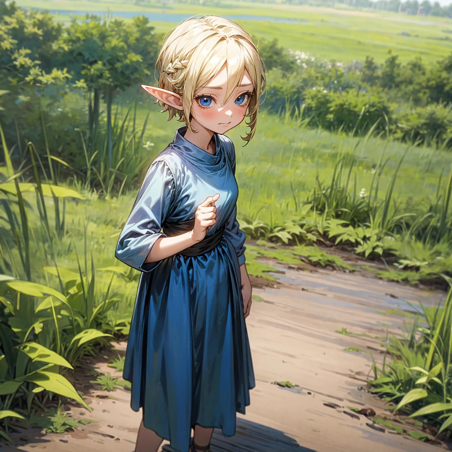 Solo character, full body version, kid girl, (elf), blue eyes, blonde color hair, short haircut, blue dress, short dress, sandals, outdoor, field, medieval, standing gesture, detailed background, detailed clothing, detailed hair, (Doraemon style art), sad eyes, smile mouth 