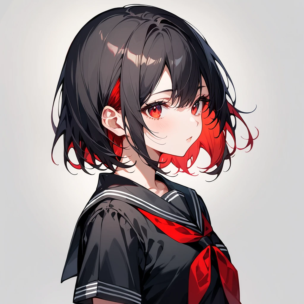 score_9, score_8_up, score_7_up, masterpiece, ultra-detailed, pretty eyes,1Girl, solo, teenager, short, small chest, big hips, red eyes, thick thighs, short hair, black hair, red Inner Hair, teenager, wearing (BLACK clothing). BLACK short-sleeve serafuku, red neckerchief, pleated skirt, zettai ryouiki thighhighs, black and red striped thigh-high socks, ankle-length platform boots, no items, no effects. Simple background, White background, full body, Simple background, White background, portrait, faceUp, from side