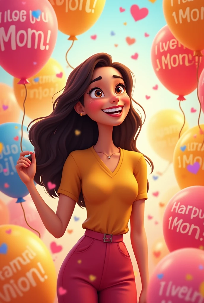  a happy animated woman. a brunette animated woman. BUT IN THE BACKGROUND PART SAY NICE DETAILS.. LIKE I LOVE YOU MOM OR HAPPY BIRTHDAY BALLOONS HEARTS..