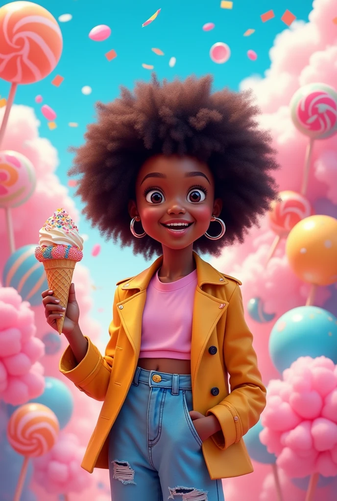 cartoon of a beautiful , black skin color, curly afro hair with modern clothes, with an ice cream cone in her hand at a candy party