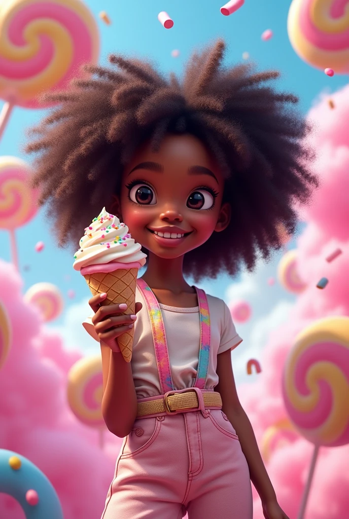 cartoon of a beautiful , black skin color, curly afro hair with modern clothes, with an ice cream cone in her hand at a candy party