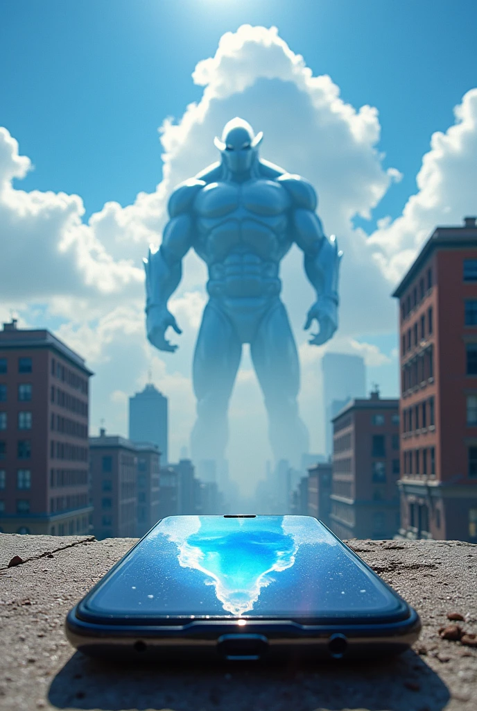 Create an image of a "photoshot" A shot of a cell phone in a normal city, and in the city's sky there are clouds, some more transparent than others. The clouds form a discreet silhouette of Galactus from Marvel.