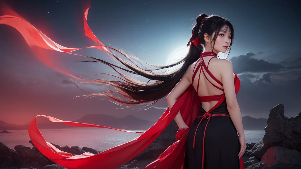 A delicate and lovely ancient goddess with lustrous black ponytail hair. She wears a white and red miko wear. The background is a fantastic and ethereal night sky, as if possessed by a specter. Her expression is stern and atmospheric.