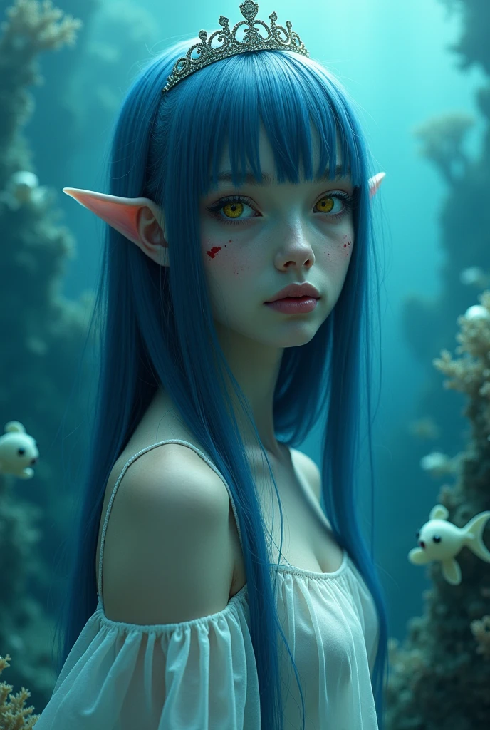 a woman with light blue skin and yellow eyes, straight, dark blue hair, fish ears, a small princess tiara , a blue pendant necklace, white translucent clothing, traumatized gaze, bloodied face, and melancholic appearance