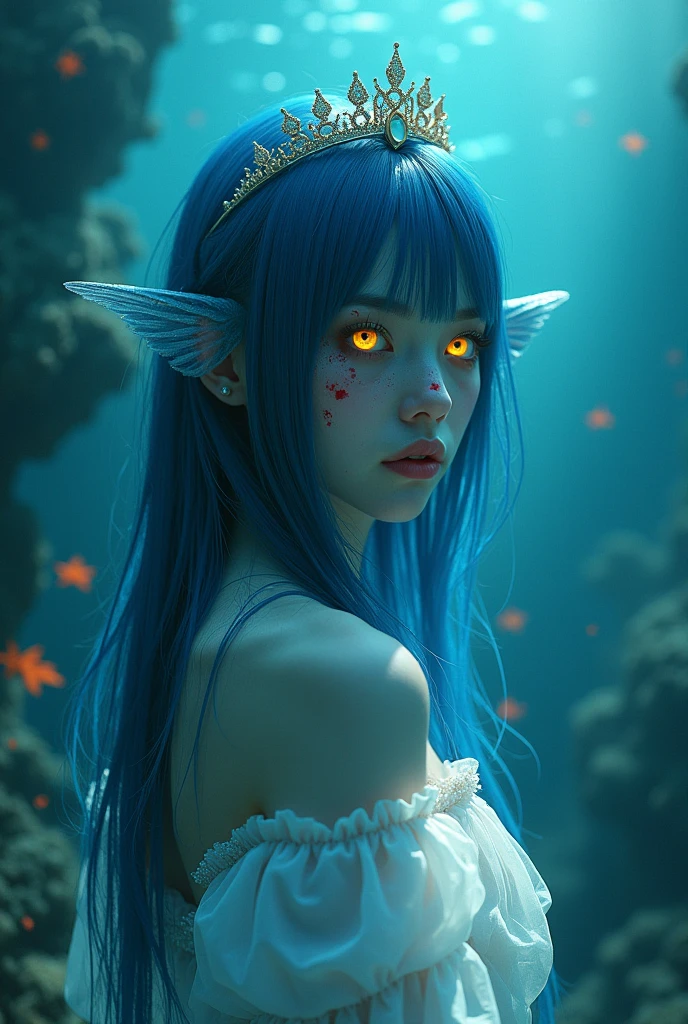 a woman with light blue skin and yellow eyes, straight, dark blue hair, fish ears, a small princess tiara , a blue pendant necklace, white translucent clothing, traumatized gaze, bloodied face, and melancholic appearance
