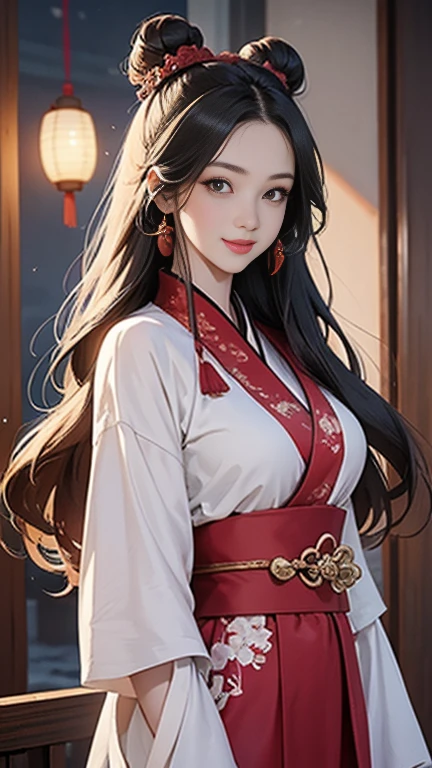 ( High resolution、 Super detailed)、masterpiece、Highest quality、High resolution、8k、Detailed Anime、Buildings from the Tang Dynasty、Tang Dynasty China、Tang Dynasty China、Young and beautiful woman、Beautiful Face、Beautiful Face、Pretty lips、Hanfu、(whole body)、Hair styled in a bright-colored round bun、Smiling eyes、Walking、Cowboy Shot、background、Buildings from the Tang Dynasty、The city of Chang'an during the Tang Dynasty in China、Plum blossom、river view、Riverside city lights、Lantern Light、Detailed CG、