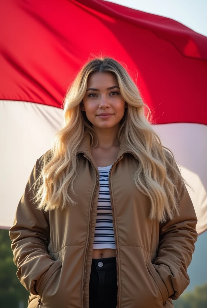 27 years old jewish woman, white skin, full weight body, long blonde hair, short neck, straight front pose, half body portrait, outdoor outfit jacket, in front of Indonesia flag