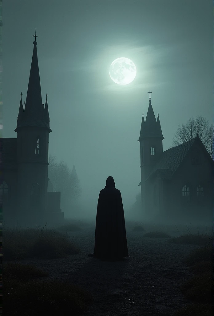 Ao ar livre,Sob uma lente grande angular, The horizon is infinite, The mist is dark, The vast earth is dark, There are some broken remains of Gothic houses in the night fog, The whole environment is reflected in the light white moonlight, In the middle of the photo is a male figure, Tudo ao redor, quieto, The whole image is black and gray, There is light and shadow