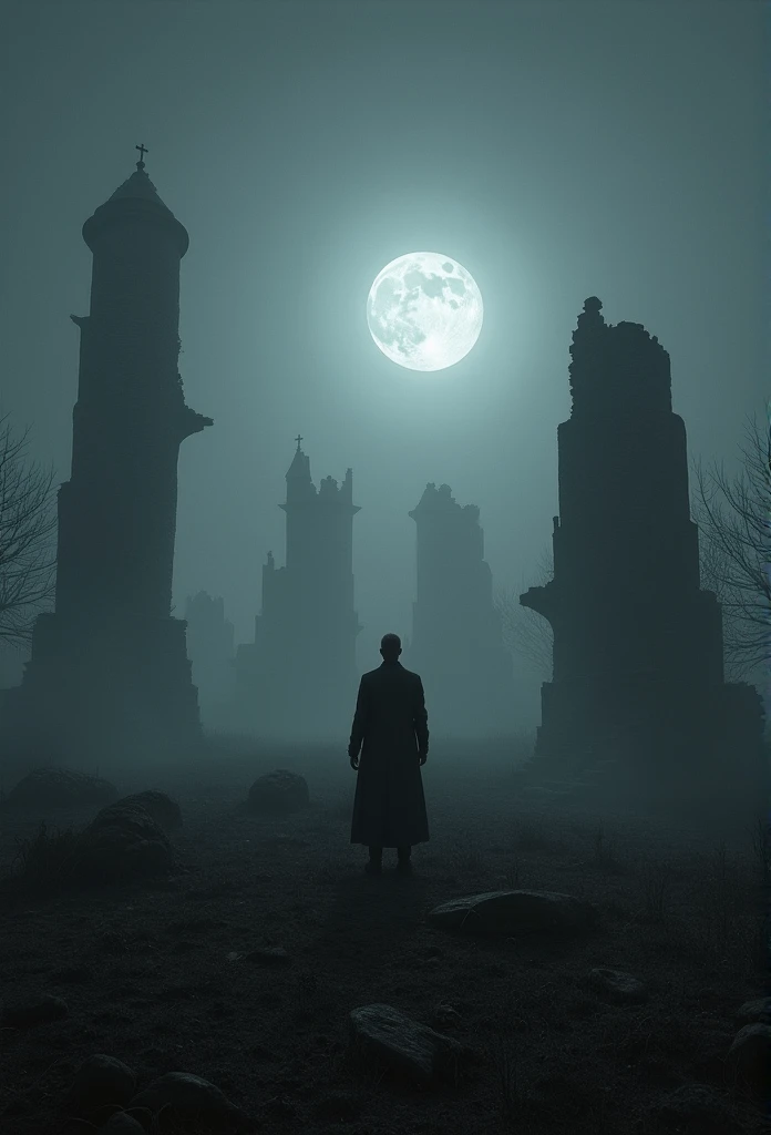 Ao ar livre，Sob uma lente grande angular, The horizon is infinite, The mist is dark, The vast earth is dark, There are some broken remains of Gothic houses in the night fog, The whole environment is reflected in the light white moonlight, In the middle of the photo is a male figure, Tudo ao redor, quieto, The whole image is black and gray, There is light and shadow