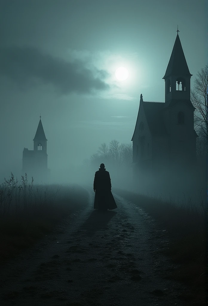 Ao ar livre，Sob uma lente grande angular, The horizon is infinite, The mist is dark, The vast earth is dark, There are some broken remains of Gothic houses in the night fog, The whole environment is reflected in the light white moonlight, In the middle of the photo is a male figure, Tudo ao redor, quieto, The whole image is black and gray, There is light and shadow