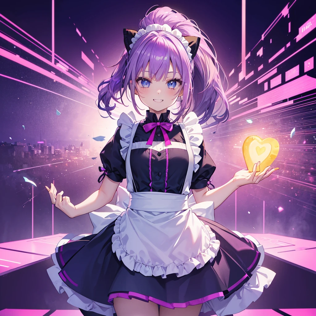 1人のwoman,Giant((maid,smile,Showing teeth)) Pink Background,heart,The Shining, woman,(Purple Hair,Side Ponytail,Yellow Mesh, Neon blue eyes,Super Shine) Yes cheese!Very small town,Shibuya Anime,The wind is blowing,Flowers fall,First