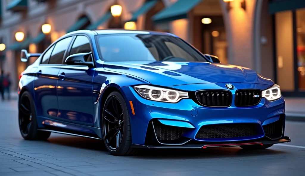 A blue BMW M3 Competition seen from the side