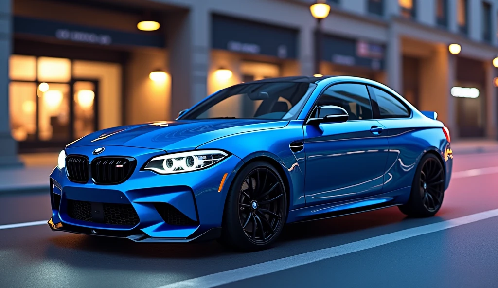 A blue BMW M3 Competition seen from the side