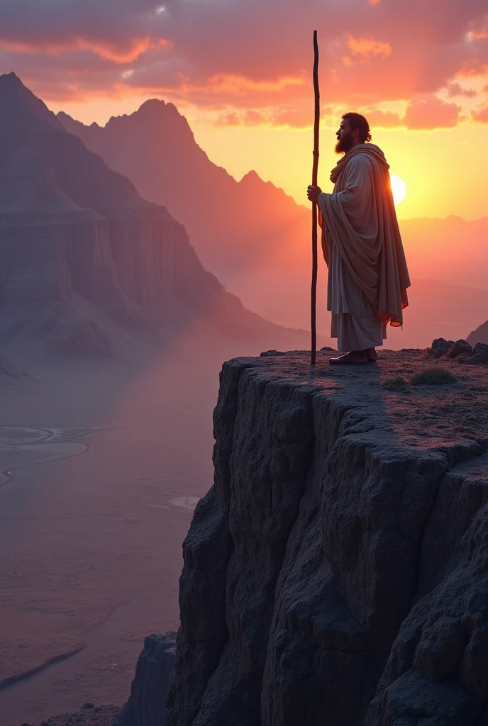 Create a cinematic-quality image with advanced levels of detail, depicting Moses standing alone at the top of a majestic mountain. The scene should be set at twilight, with the sky painted in deep purples and oranges as the sun sets in the distance. Moses, clad in traditional robes and holding his iconic staff, stands at the edge of a rocky cliff, overlooking a vast, barren landscape below. His figure is illuminated by the fading sunlight, casting long shadows across the rugged terrain.
The mountain itself is imposing, with jagged rocks and steep cliffs, symbolizing the solitude and gravity of Moses’ position. The wind gently tugs at his robes and beard, adding a sense of movement and isolation. The atmosphere is one of contemplation and reverence, with intricate details in the texture of the rocks, the folds of Moses' clothing, and the distant horizon. The overall mood should evoke a sense of solitude, reflection, and the weight of leadership, capturing the solemn moment of Moses on the mountaintop.