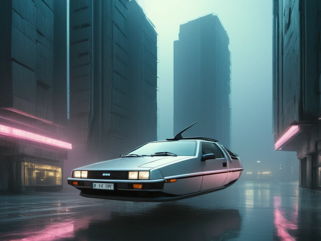 floating car, DELOREAN, 1985, polished gray, reflective painting, TINTED WINDOWS, City streets, horizontally folded wheels, floating among tall buildings, cyberpunkstyle, linhas limpas, Sharp edges, flow line, detailed painting, Detailed scenery, open doors, (Futuristic concept car:1.2), detailded, high-tech style streets, power poles and cables, deserted streets high tech, hyperrealisti, hyper-futuristic, 16K, cinematic lighting with pink and blue neon, wide plan, F/3.6, futuristic city background with tall buildings, grimdark, natta, night-time, Moon in the sky, confusion, perFect composition, beautiFul detailded intricate insanely detailded octane render trending on artstation, 8K artistic photography, photorrealistic concept art, soFt natural volumetric cinematic perFect light, Bright dark, rewarded photography, work of art, oil on canvas, rafael, caravaggio, Greg Rutkowski, beetle, Beksinski, giger, as realistic as possible