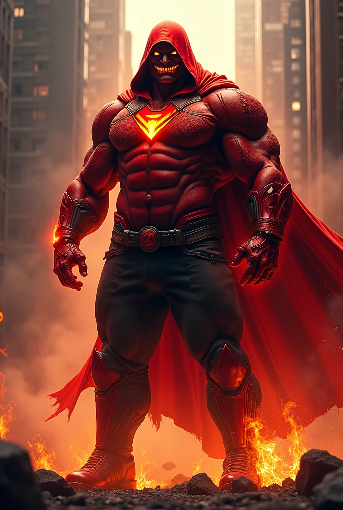 Male, giant, muscular, red skin, glowing eyes, shark-like teeth, red cowl hood, red power armor with large black patterns, black pants, lantern symbol, red forearms and boots, fire aura