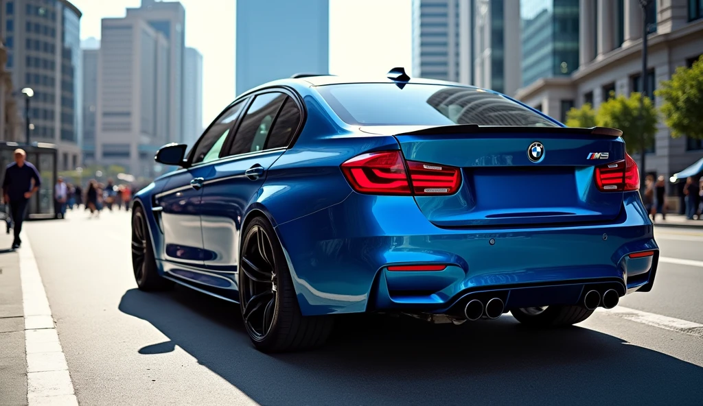 a blue bmw M3 competition seen from behind