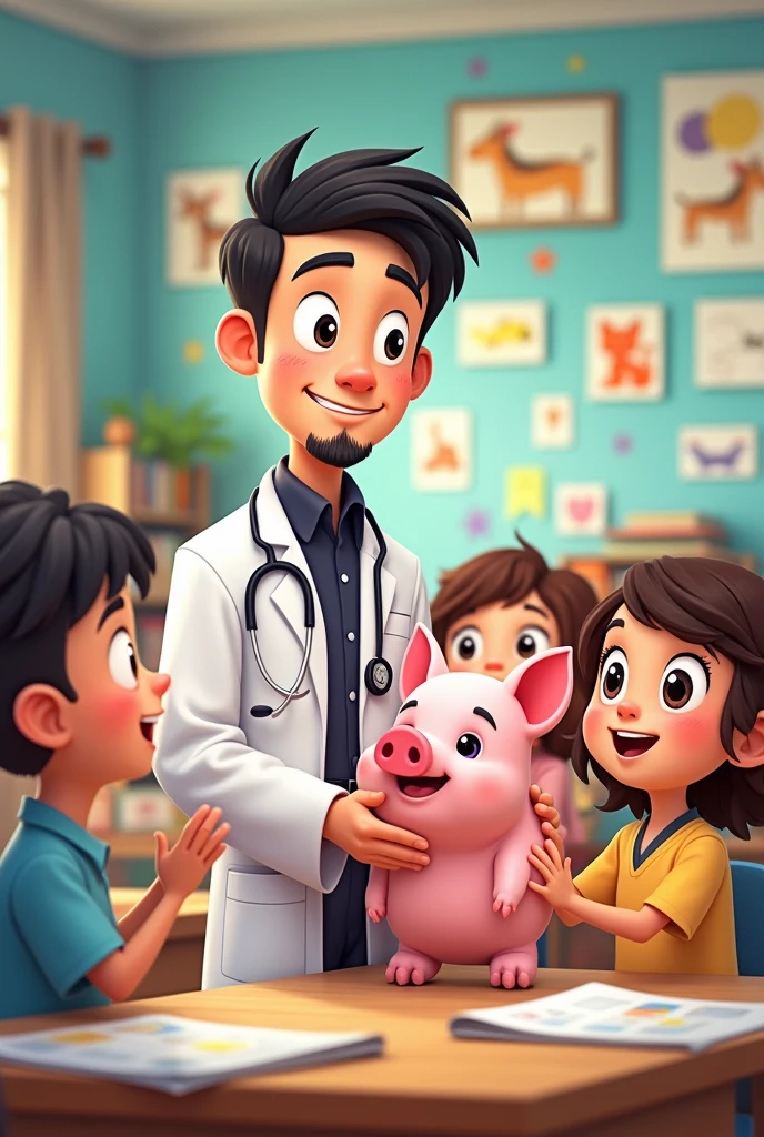 Cartoon image of a young white male veterinarian with a round face, small almond-shaped eyes, handsome, with short black hair, Very short, with a goatee and a black collar, no mustache, with square lenses, Loading a pig into a classroom with students 