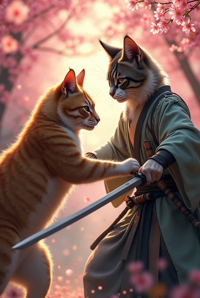 high quality、peace of mind、High precision、Real Stick、delicate、Detailed、Warm touch、Attractive colors、Depict the whole body、A depiction that allows the entire subject to be seen、cat、Random species、Random fur color、delicateな毛並み、A rich expression、Rich Expressions、Kabuki actor、Armor、Sword fighting、A thrilling duel scene、Single-sided offense、