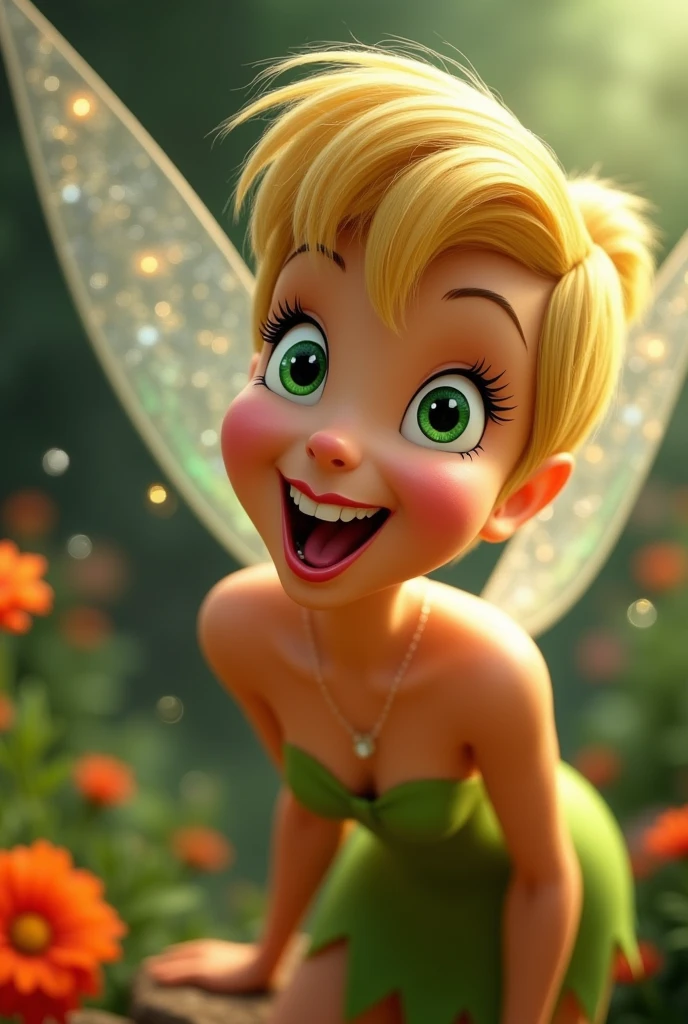 ((best quality)), ((masterpiece)) Tinker Bell (animated) opens her mouth wide showing you her uvula and super thick slimy and very meaty white Tongue with a sensual expression on her face (close up on face)