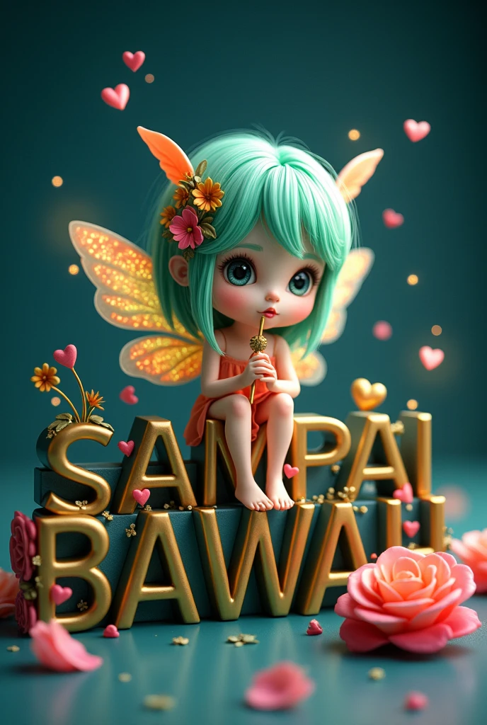 A peculiar fairy named Nora, who has light green hair and colorful wings. She sits gracefully on the intricately designed 3D letters 'SAMPAI BAWAH' in gold and navy blue.. Surrounding her are floating hearts, and she holds a delicate golden wand. The background is a calm navy blue., and there's a beautiful rose at her feet. The entire scene is illuminated by tiny glowing orbs, adds a touch of magic.