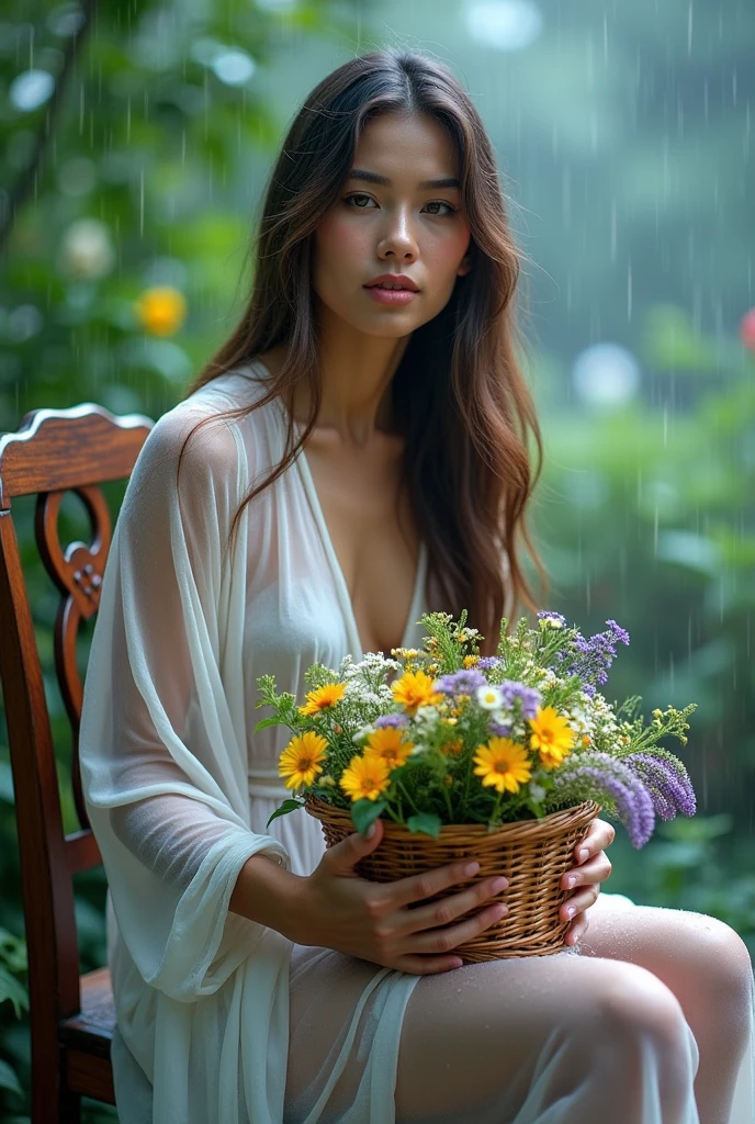 (photo)A beautiful woman sitting on a chair, no clothes, raining robes, a basket in her hand.