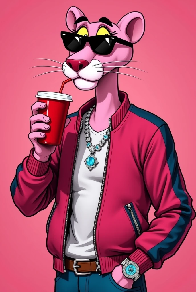 The pink Panther cartoon character Bomber jacket with some cool, VVS diamond necklace around its neck, a Patek wrist watch, Balenciaga Eyewear Mono Rectangle sunglassesand diamond ear rings pierced sipping on juice from a red cup with straw looking high like he’s been smoking weed.Art should be in 2D animation.standing side at looking into the camera.Just a pink background

