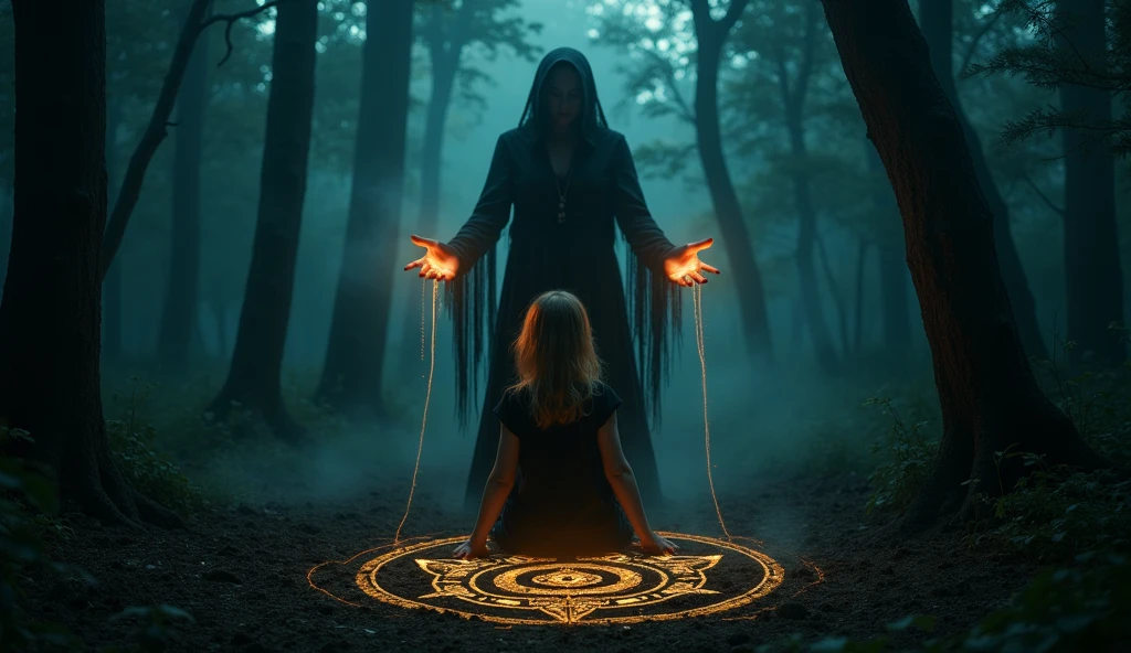 "A shadowy and ominous figure of a woman standing over a girl, with her hands outstretched as if she were performing a satanic ritual, There are symbols of rituals, atmosphere of fear and horror"