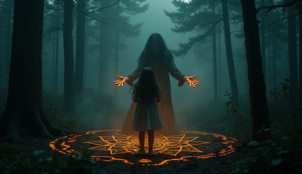"A shadowy and ominous figure of a woman standing over a girl, with her hands outstretched as if she were performing a satanic ritual, There are symbols of rituals, atmosphere of fear and horror"