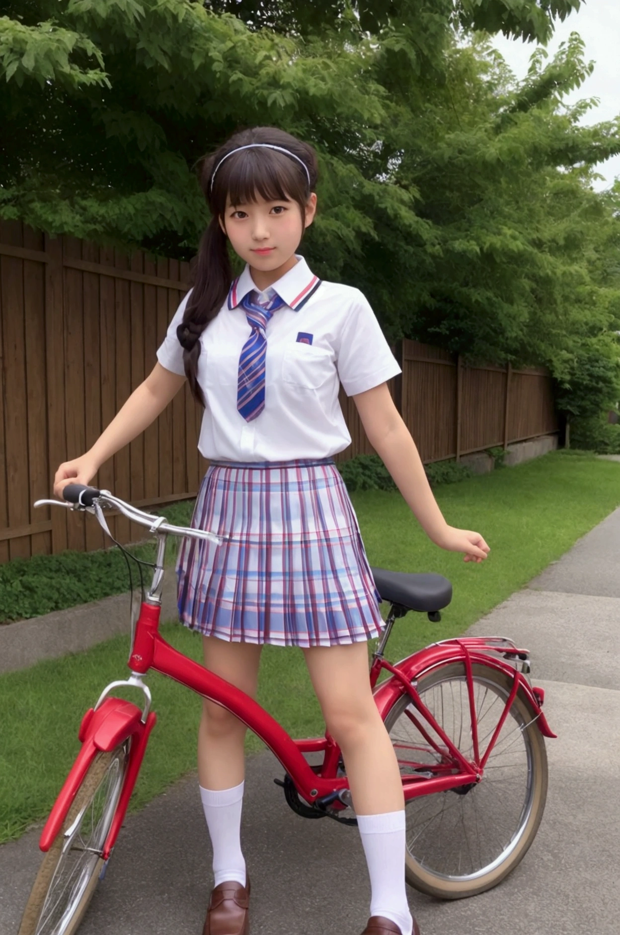 masterpiece, High resolution, Highest quality,Real Stick,Japanese, 1little gal, high school girl,Summer uniform,Short sleeve shirt,Checkered pleated skirt,socks,Loafer shoes,Bicycle commute,