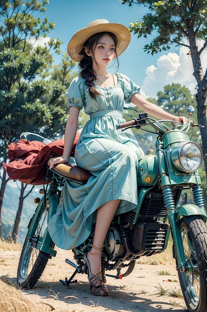 (((best quality))),(((ultra detailed))),(((masterpiece))),illustration, girl cycling down a country road, sun beating down, warm glow,a beautiful young girl, light blue sundress, flowing gracefully,short ponytail, wide-brimmed straw hat, protected from sunlight, fair skin, bright green eyes, lush greenery, calm and serene face, effortless cycling,(riding on a vintage bike:1.3), shiny chain, bright red tires, well-cared-for, narrow winding road, lush green grass, cornfields, golden cornstalks, gentle breeze, sweet scent of corn, sound of birds chirping, small village, white-washed houses, red-tiled roofs, smoke from chimneys, relaxing, peacefulness of the countryside, summer's day, tranquility,