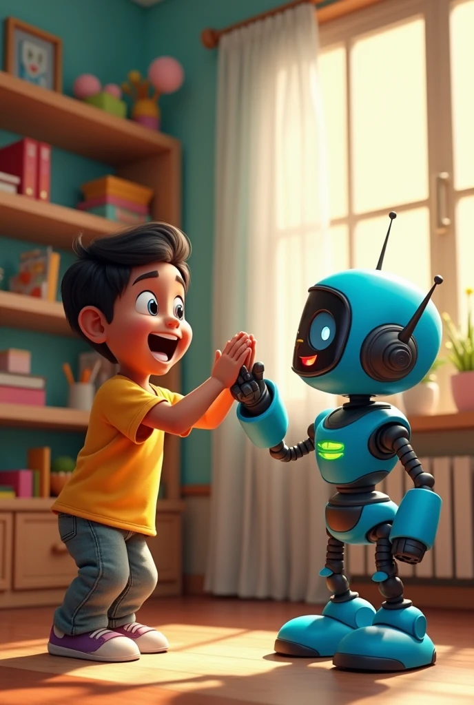 Support and Success:
Prompt: “A heartwarming scene of Ravi and Robo high-fiving or celebrating together. The setting is a well-organized room with school supplies and books in the background. Ravi looks joyful and appreciative, while Robo has a cheerful and supportive pose. The atmosphere conveys a sense of accomplishment and teamwork.”
These prompts should help create images