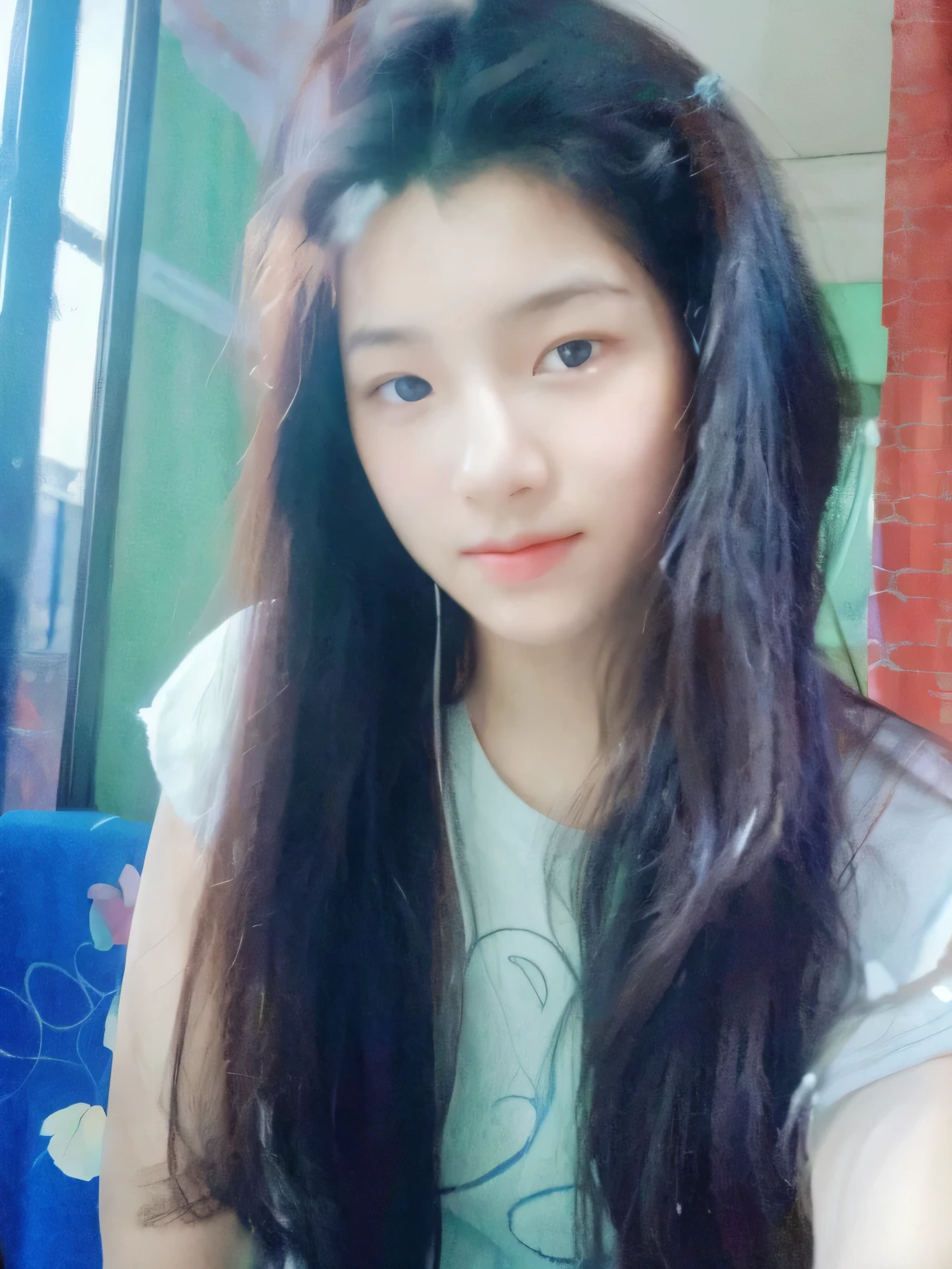 Mood photo for advertising, a 16 yo girl sitting inside a cafe, at a coffee table with blue-white-patched table cloth, Close-up selfie, in paris, morning sunshine from window, photorealistic, selfie