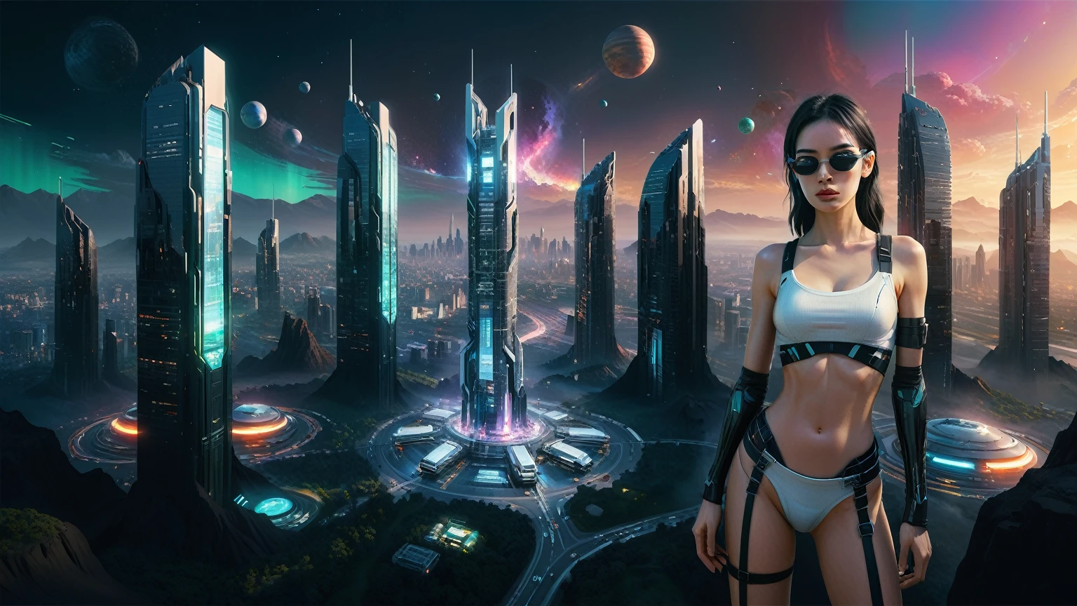 Brightly colored abstract aerial view image of a futuristic city, futuristic flying cars, epic beautiful space sci-fi, chaotic cinematic space rift, Greg Beeple, planets colliding, Beeple and Tim Hildebrandt, Beeple and Jean Giraud, end of the universe, galaxy space sci-fi, ringworld, by Mike "Beeple" Winkelmann. Matrix style, Matrix cascading code, a futuristic twin tower skyscraper with a unique twisted design, (OLED GUI interfaces in the building), at night, (1girl, solo), photo realistic, large-breast:1.2 body, cleavage, off broken mini sling-shirt and black sling bra, miniskirt, (matrix style black micro sunglasses), (holding a short gun), very low view, half-body thigh level medium shot, cinematic lighting, ray tracing.