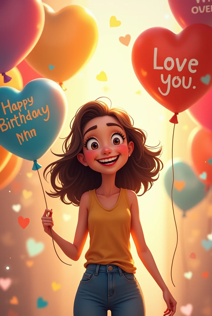 a happy animated woman. a brunette animated woman. BUT IN THE BACKGROUND PART SAY NICE DETAILS.. LIKE I LOVE YOU MOM OR HAPPY BIRTHDAY BALLOONS HEARTS.. Happy birthday.