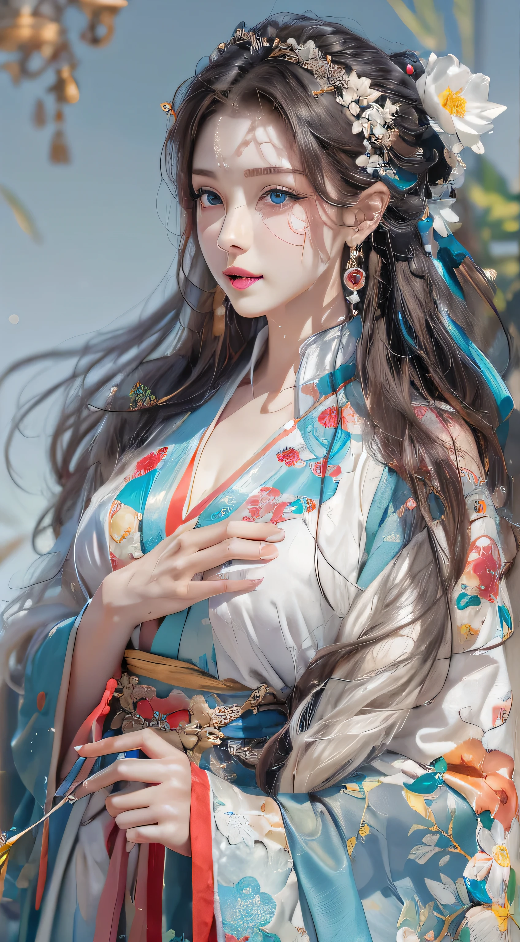 Photorealistic, high resolution, Colorful, colored splashing, Splash, 1 girl, Solo, Hips up, Beautiful eyes, Long hair, Medium breast, Intricate damask Hanfu, Gorgeous accessories, Wearing pearl earrings