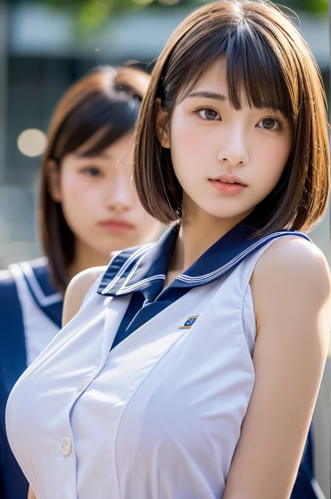 (Detailed and realistic eyes:1.3) (high quality, fine grain:1.3) (Sharp focus:1.3) (Sleeveless uniforms:1.3) high school girl　Very short skirt　White cotton shirt　(Big Breasts:1.3) Very detailed　超high quality　超high quality　Surreal　photograph　3 Japanese girls　(Each girl has a different hairstyle randomly、A different face:1.3) 　Fair skin　　((Half-open lips:1.3))　Beautiful and soft skin　((Beautifully styled straight short hair))  Beautiful and perfect body　very cute　Beautiful young man with clear skin々New Skins　　(ノースリーブのシャツを着たhigh school girl) Big Breasts　whole body　Everyday City　Bustling city　　((night))　audience&#39;perspective　　Front view　　(Big Breasts:1.3)   (Cleavage)　(Amazingly cute:1.3)　　(whole bodyポートレート)　