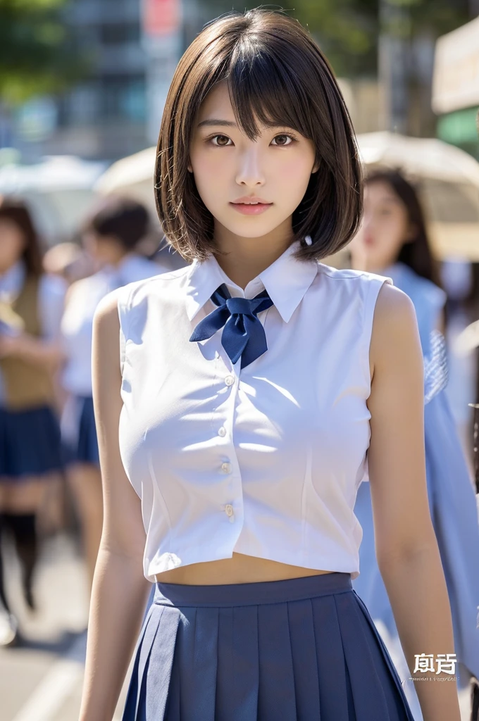 (Detailed and realistic eyes:1.3) (high quality, fine grain:1.3) (Sharp focus:1.3) (Sleeveless uniforms:1.3) high school girl　Very short skirt　White cotton shirt　(Big Breasts:1.3) Very detailed　超high quality　超high quality　Surreal　photograph　3 Japanese girls　(Each girl has a different hairstyle randomly、A different face:1.3) 　Fair skin　　((Half-open lips:1.3))　Beautiful and soft skin　((Beautifully styled straight short hair))  Beautiful and perfect body　very cute　Beautiful young man with clear skin々New Skins　　(ノースリーブのシャツを着たhigh school girl) Big Breasts　whole body　Everyday City　Bustling city　　((night))　audience&#39;perspective　　Front view　　(Big Breasts:1.3)   (Cleavage)　(Amazingly cute:1.3)　　(whole bodyポートレート)　