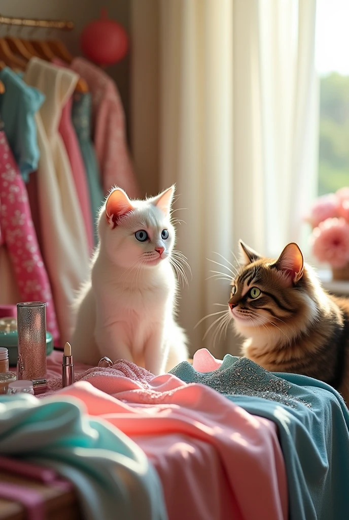 A white cat with blue eyes showing clothes and makeup to another cat